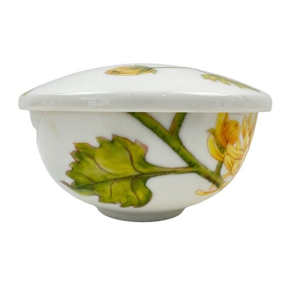 Vintage Minh Long Porcelain Trinket Dish w Lid Yellow Chrysanthemum Design - Picture 3 of 11